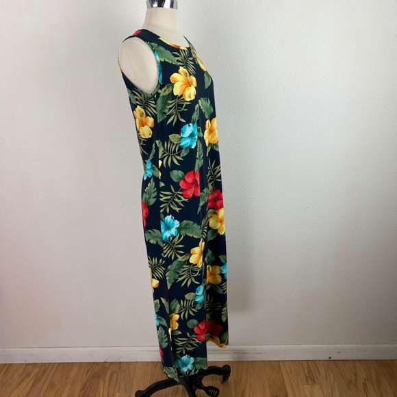 La Cabana Dark Blue Bright Floral Hawaiian Midi Dress Rayon Shift Sleeveless SM - Picture 9 of 10